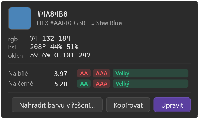 Karta barvy s hodnotami, kontrastem a tlačítky