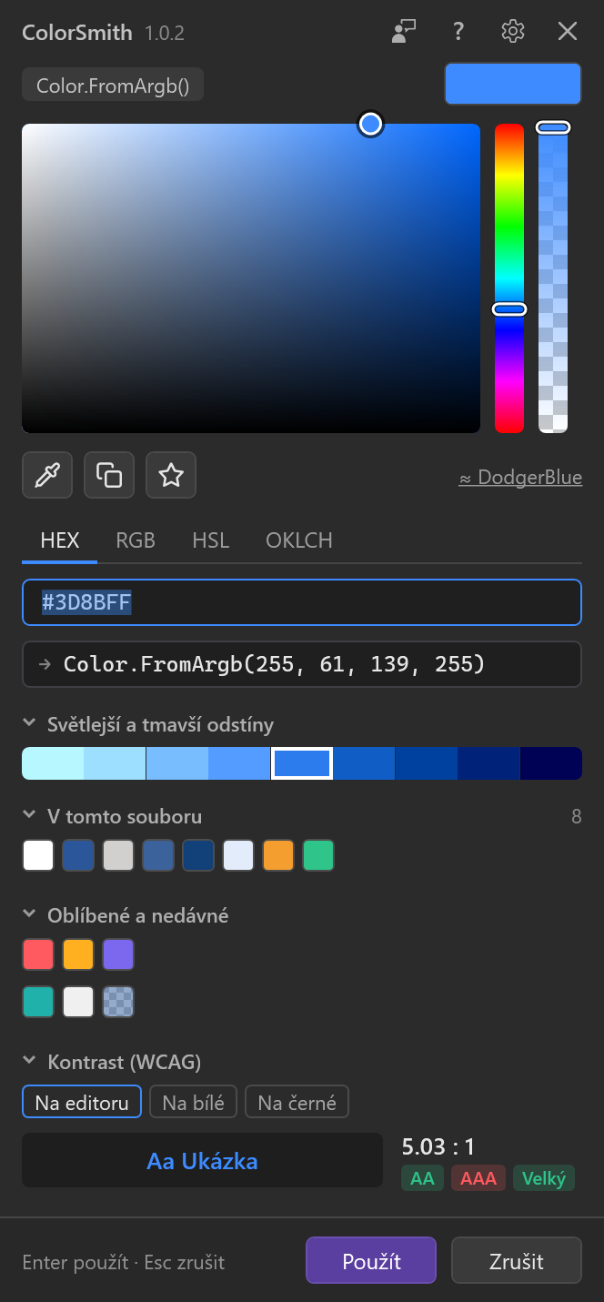 Výběr barvy ColorSmith v tmavém motivu