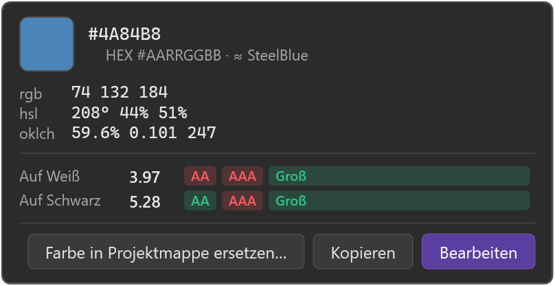 Farbkarte mit Werten, Kontrast und Schaltflächen