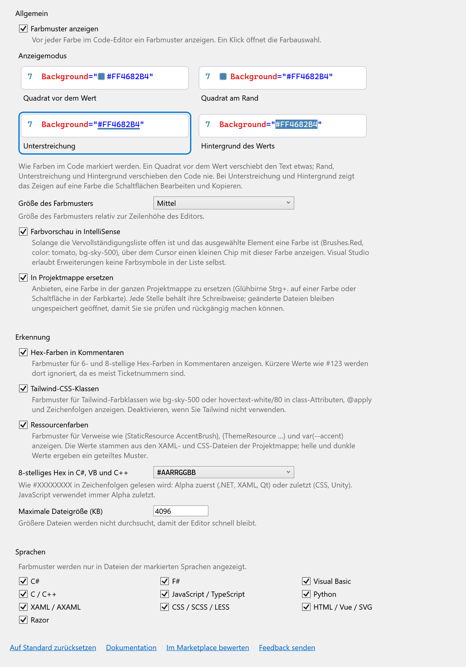 Optionsseite von ColorSmith