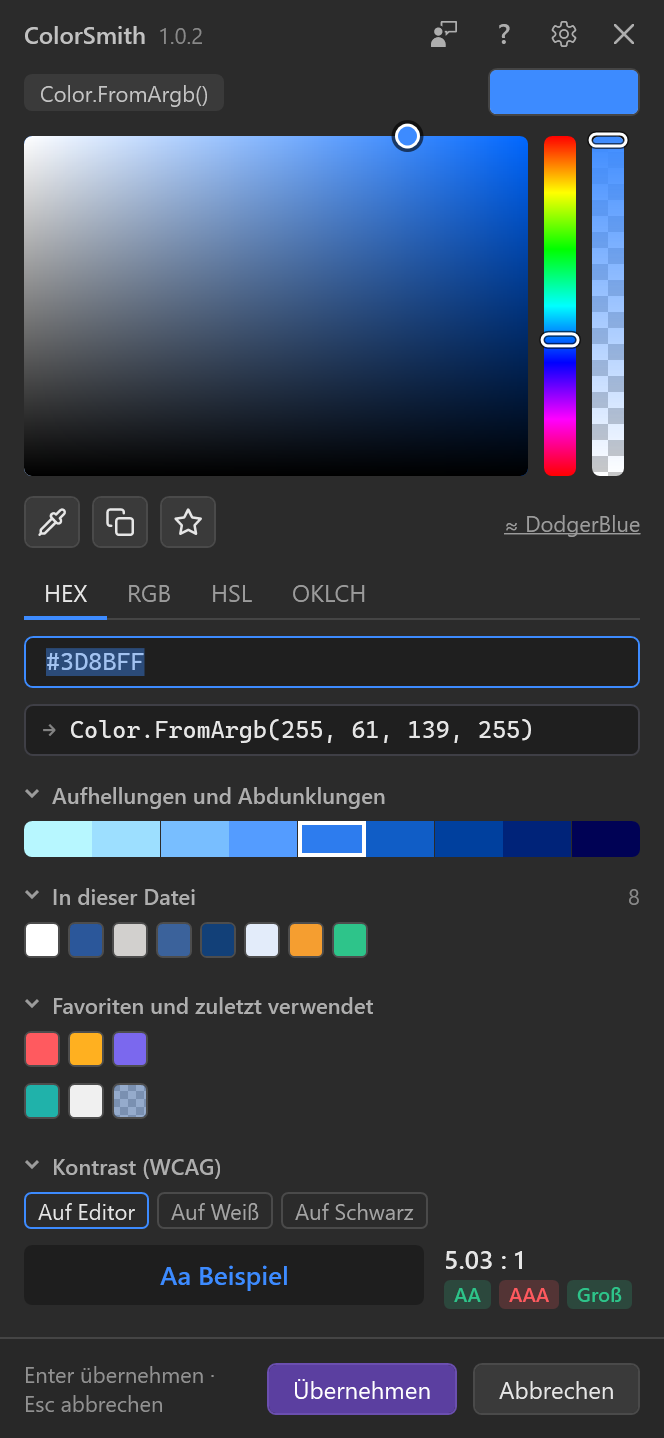 ColorSmith-Farbauswahl im dunklen Design
