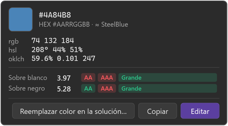 Tarjeta de color con valores, contraste y botones