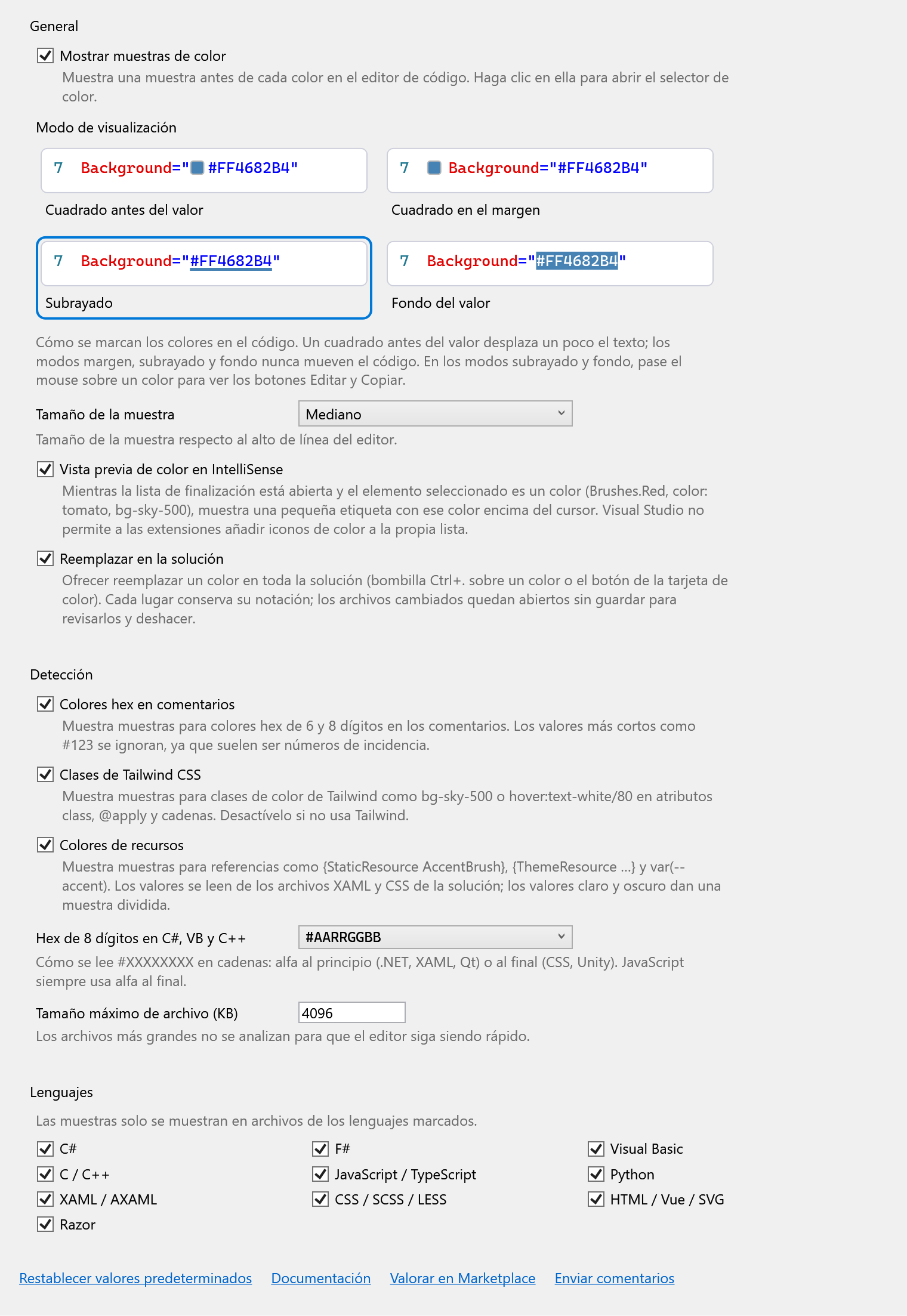 Página de opciones de ColorSmith