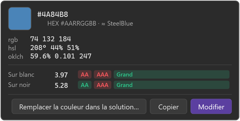 Carte de couleur avec valeurs, contraste et boutons