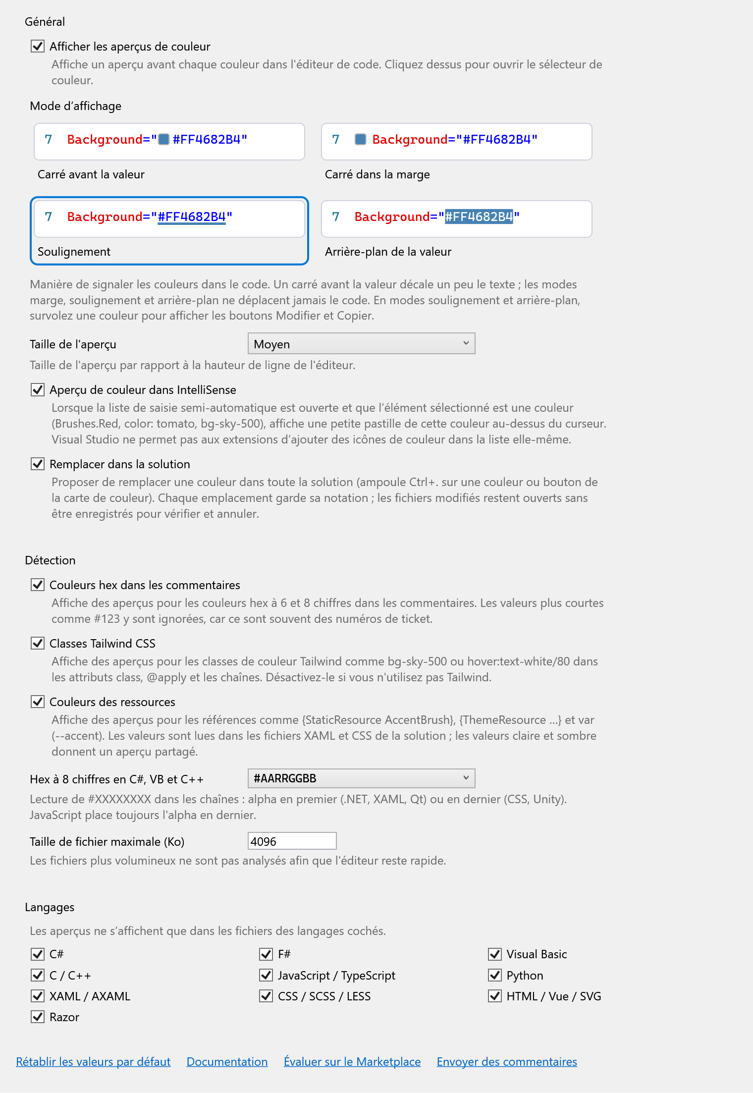 Page d’options de ColorSmith