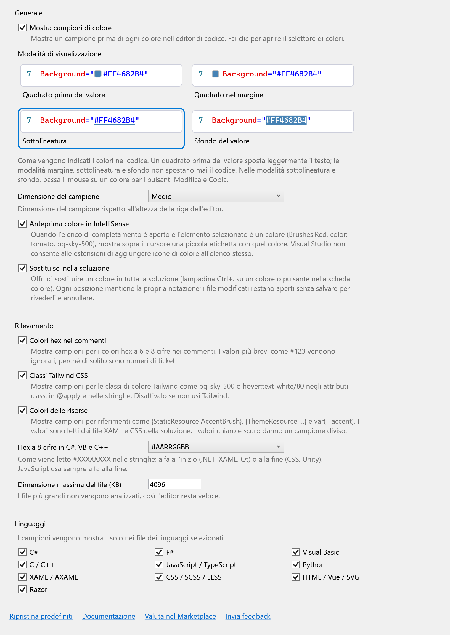 Pagina delle opzioni di ColorSmith