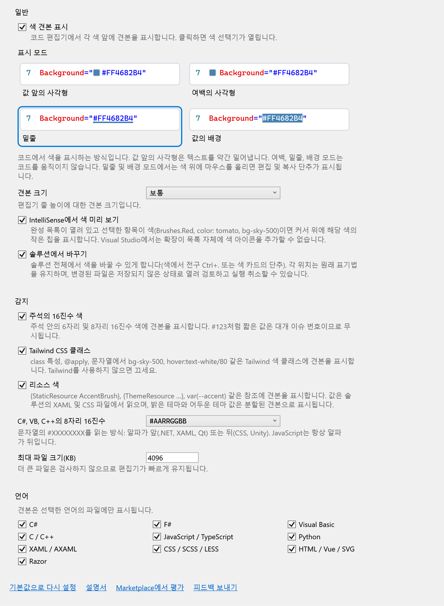 ColorSmith 옵션 페이지