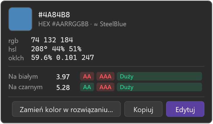 Karta koloru z wartościami, kontrastem i przyciskami