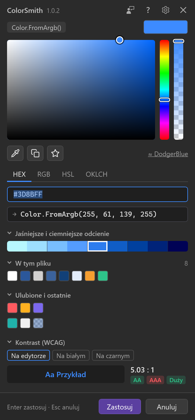 Selektor kolorów ColorSmith w ciemnym motywie