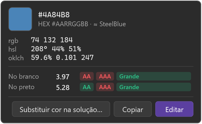 Cartão de cor com valores, contraste e botões