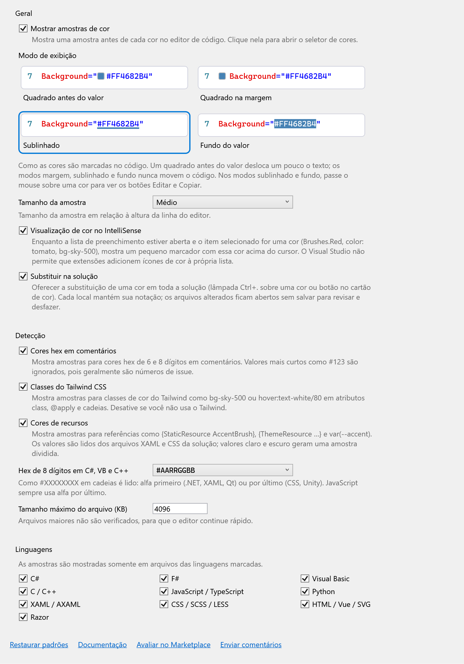 Página de opções do ColorSmith
