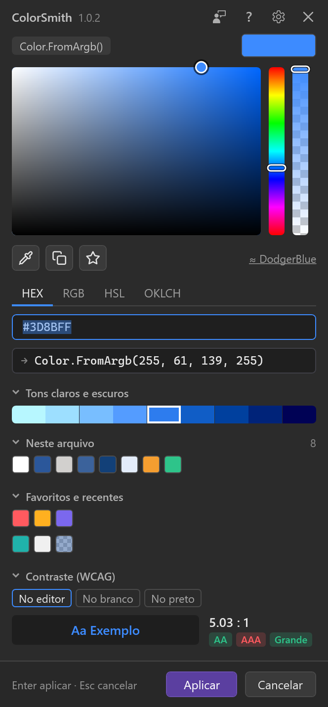 Seletor de cores do ColorSmith no tema escuro