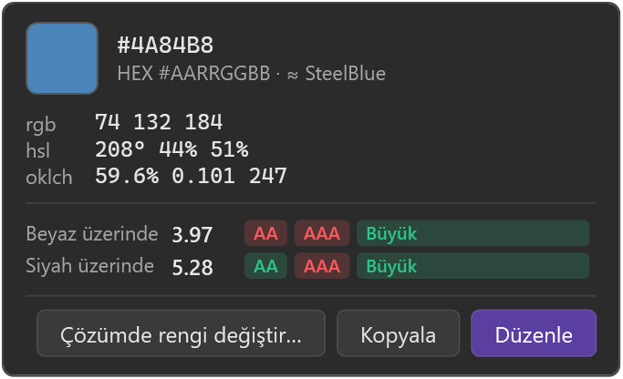 Değerler, kontrast ve düğmelerle renk kartı