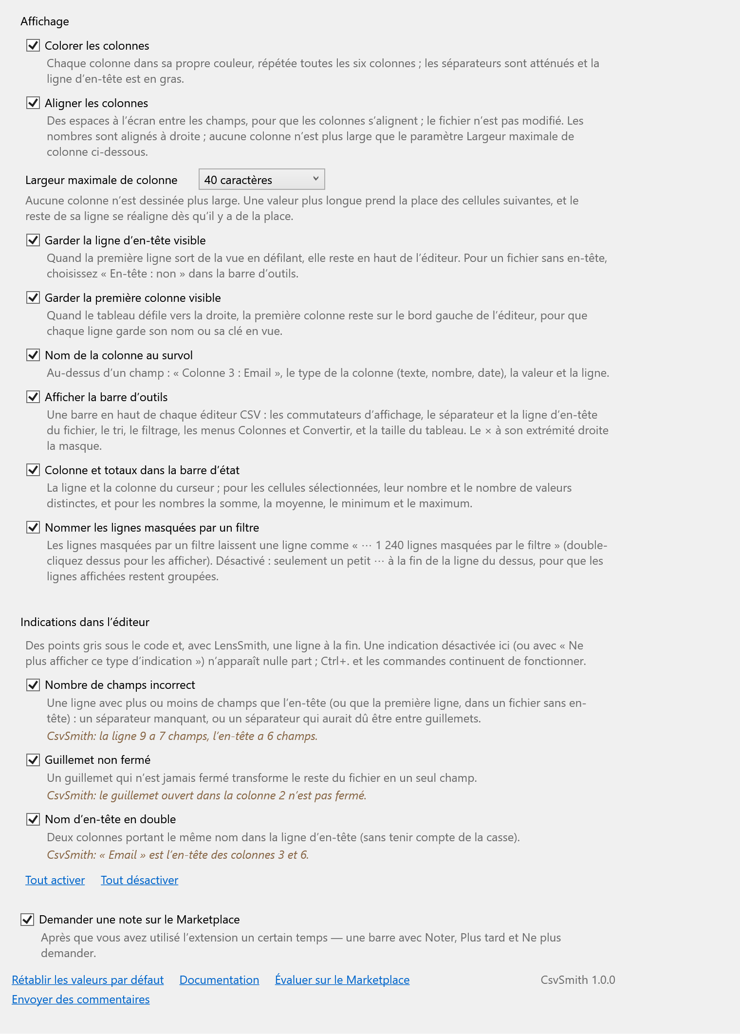 La page d’options de CsvSmith