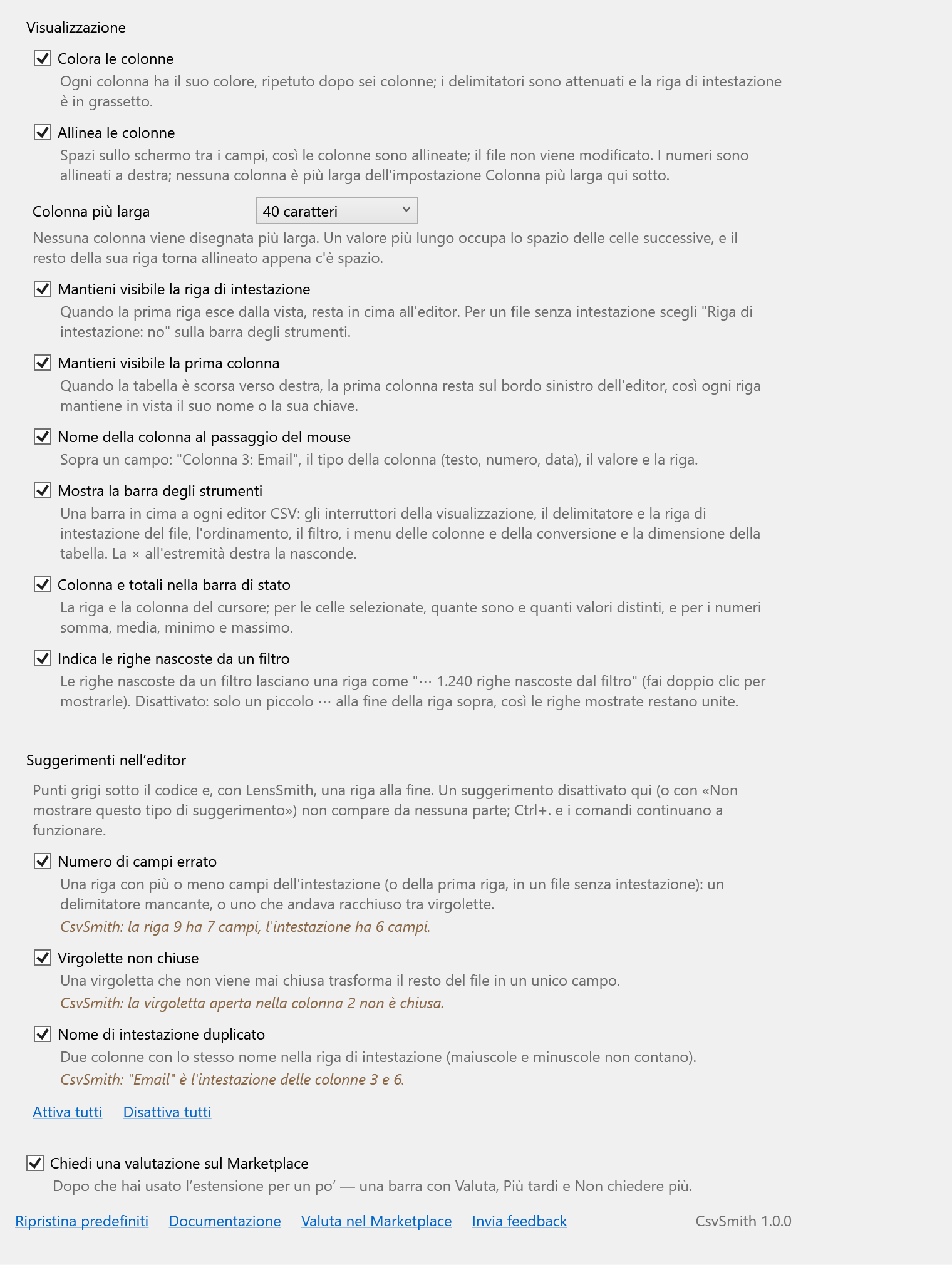 La pagina delle opzioni di CsvSmith