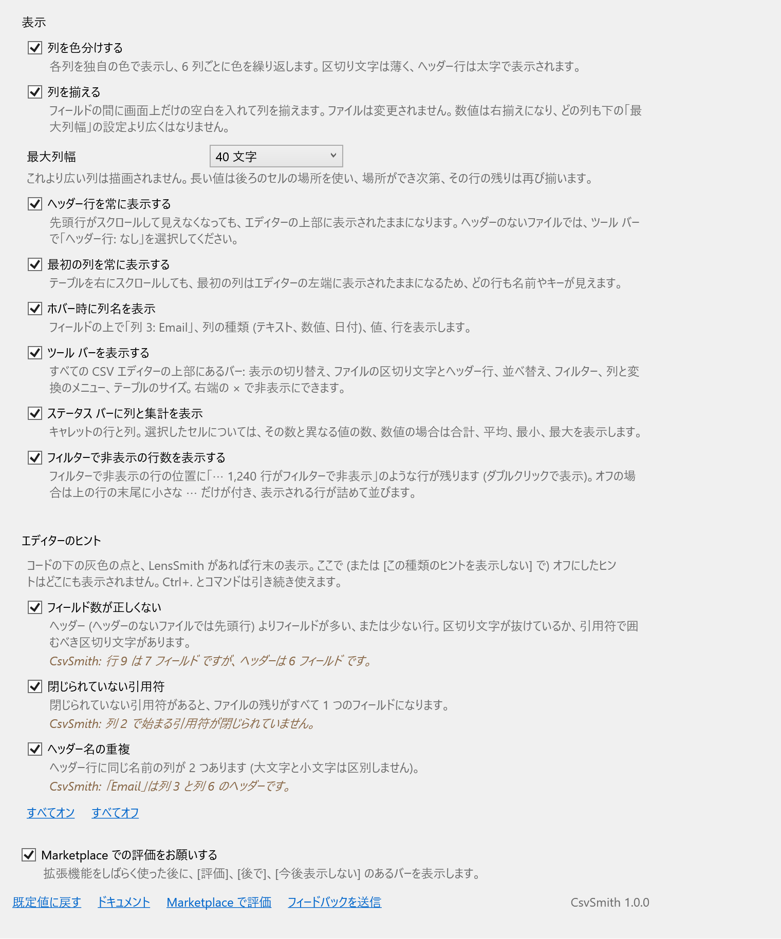 CsvSmith のオプション ページ