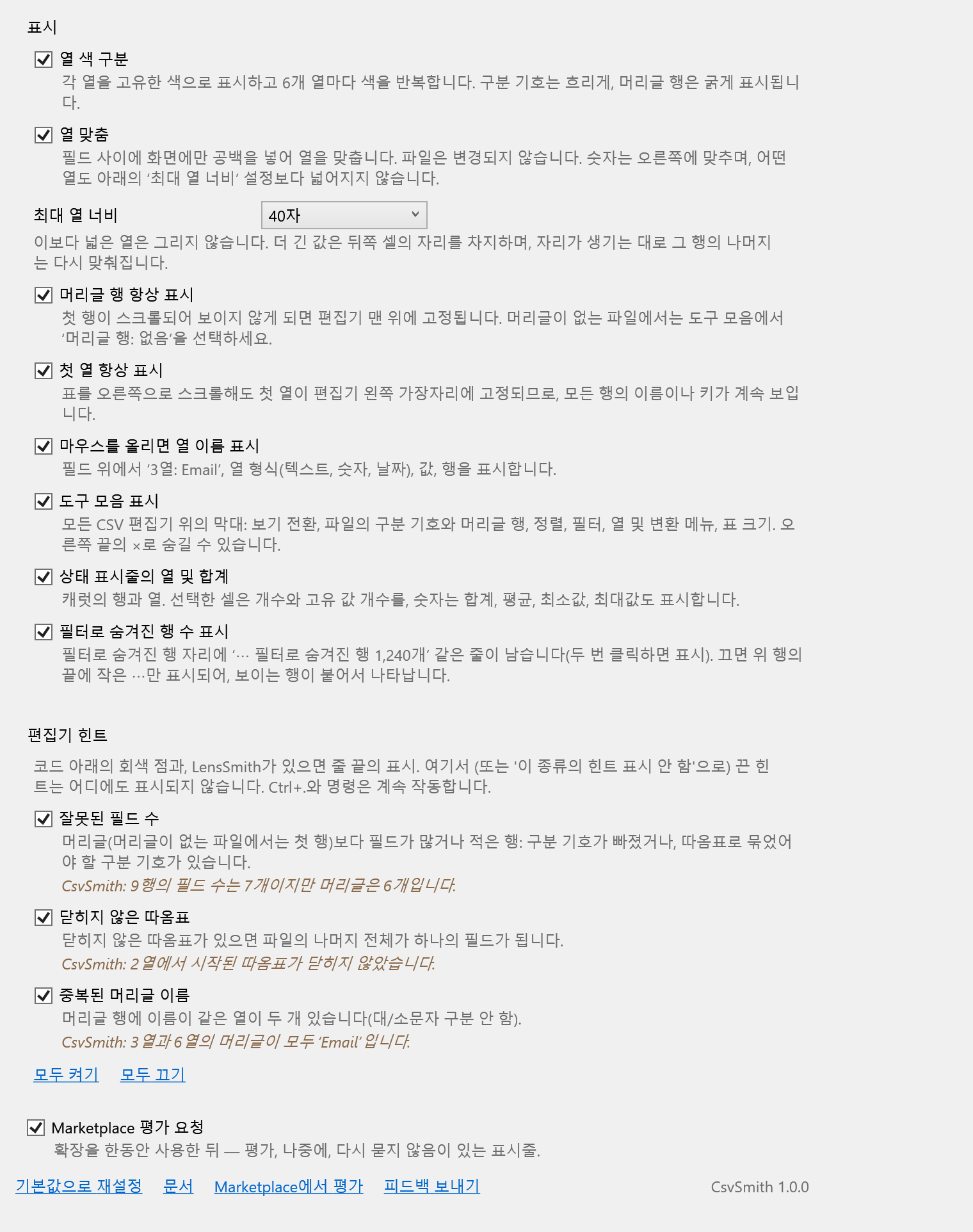 CsvSmith 옵션 페이지