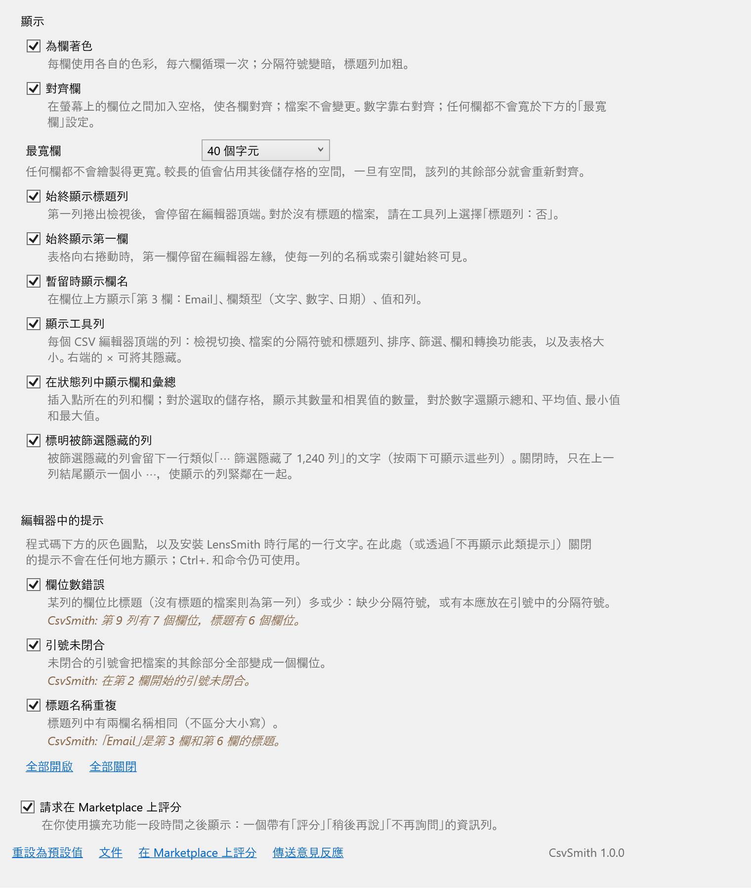 CsvSmith 選項頁面