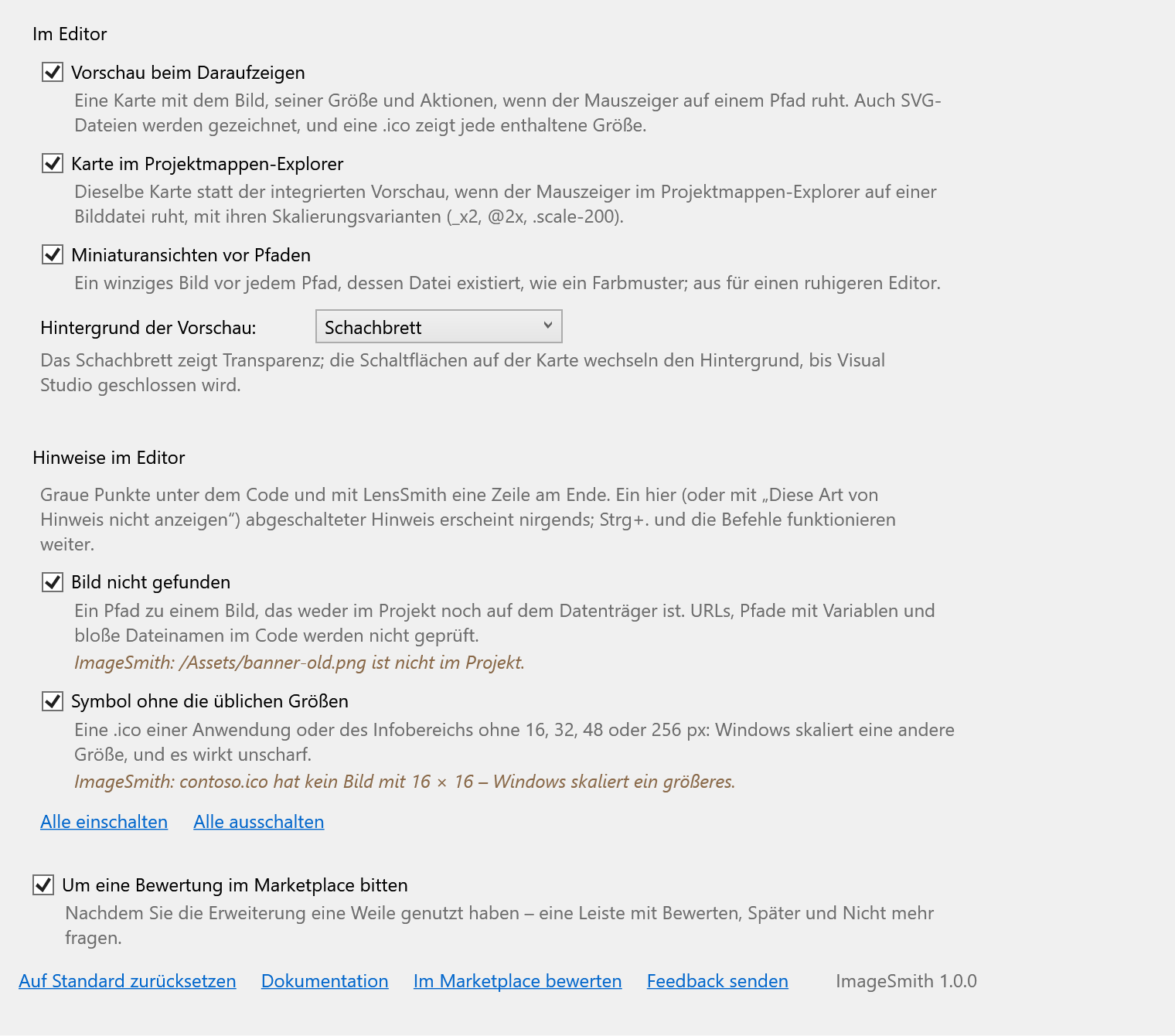 Die Optionsseite von ImageSmith
