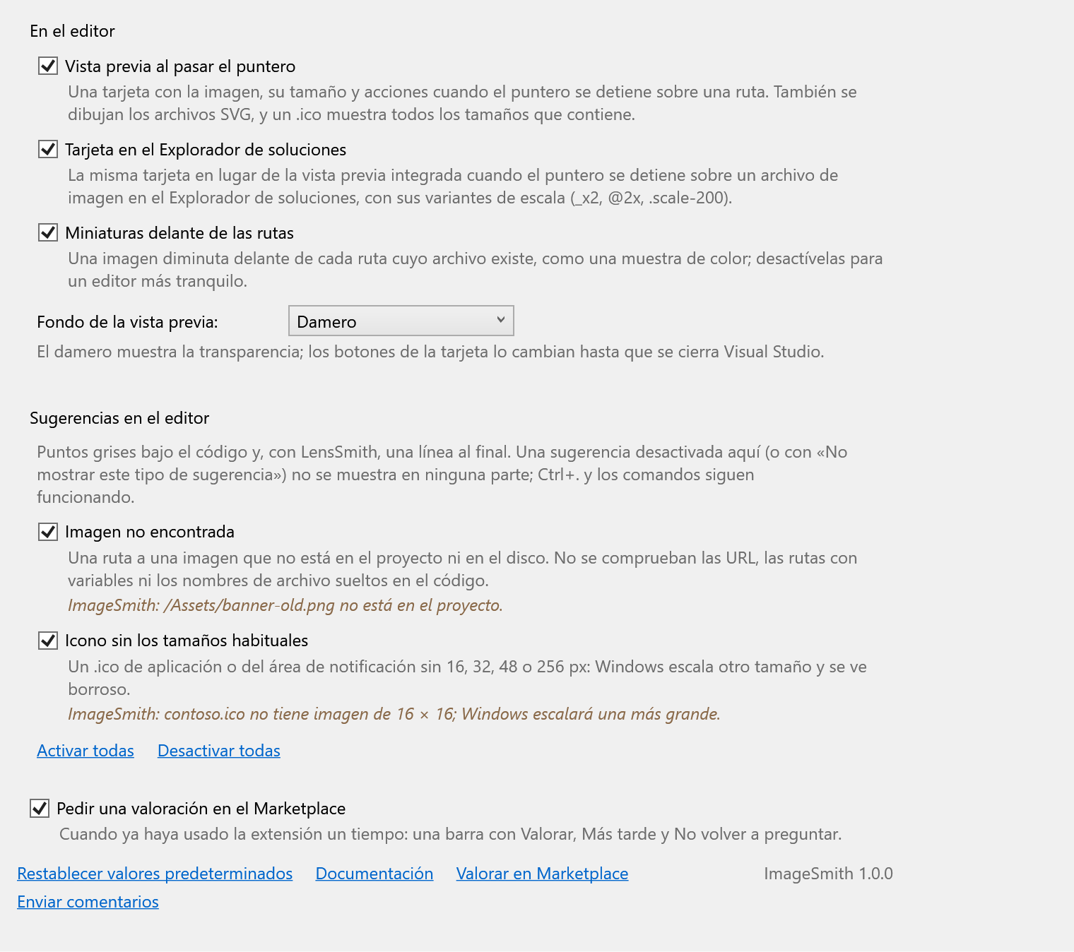 La página de opciones de ImageSmith