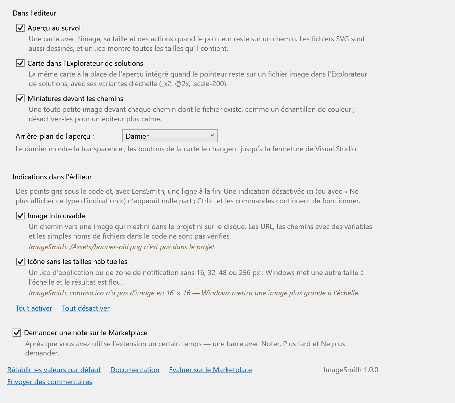 La page d’options d’ImageSmith