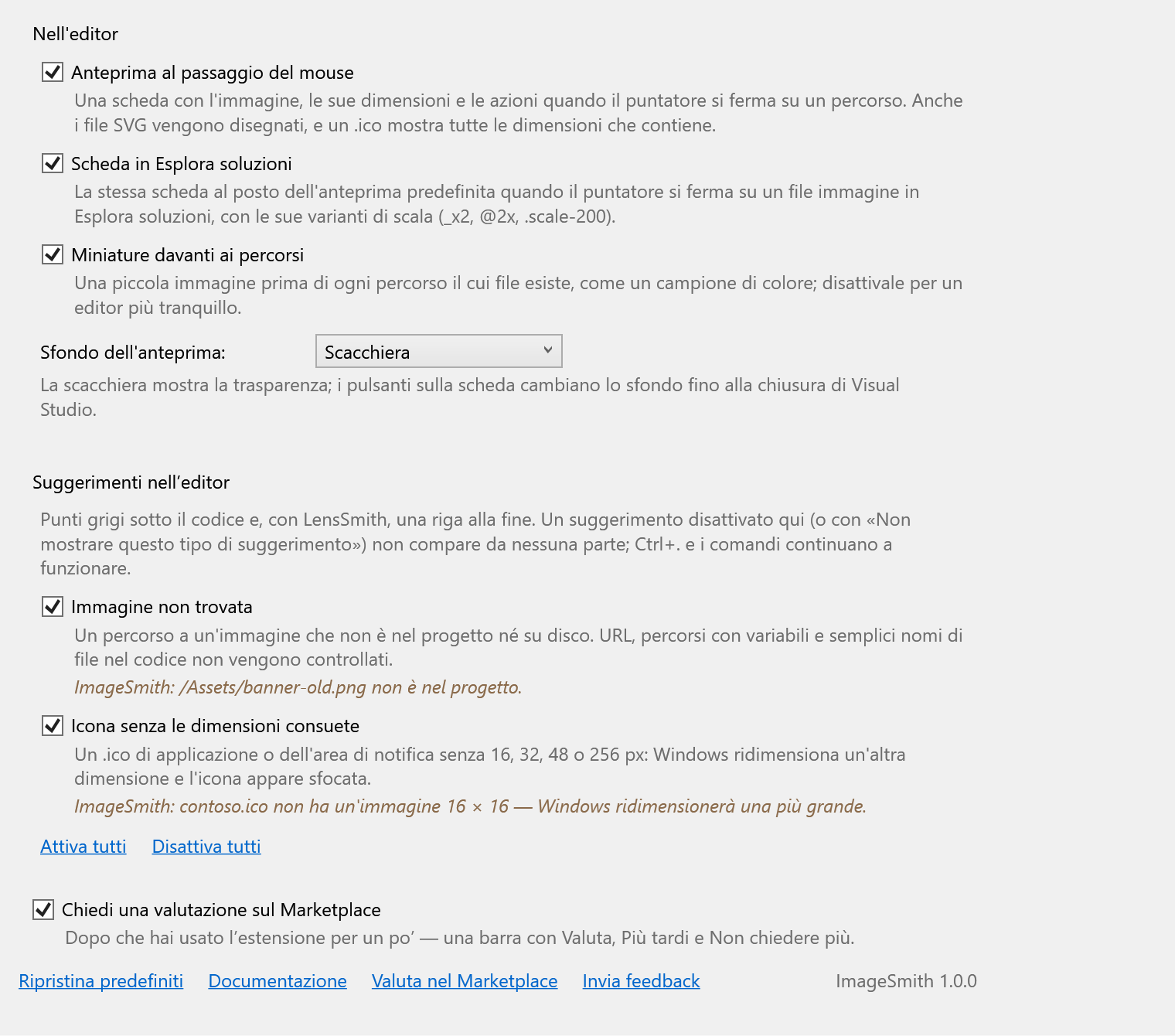 La pagina delle opzioni di ImageSmith