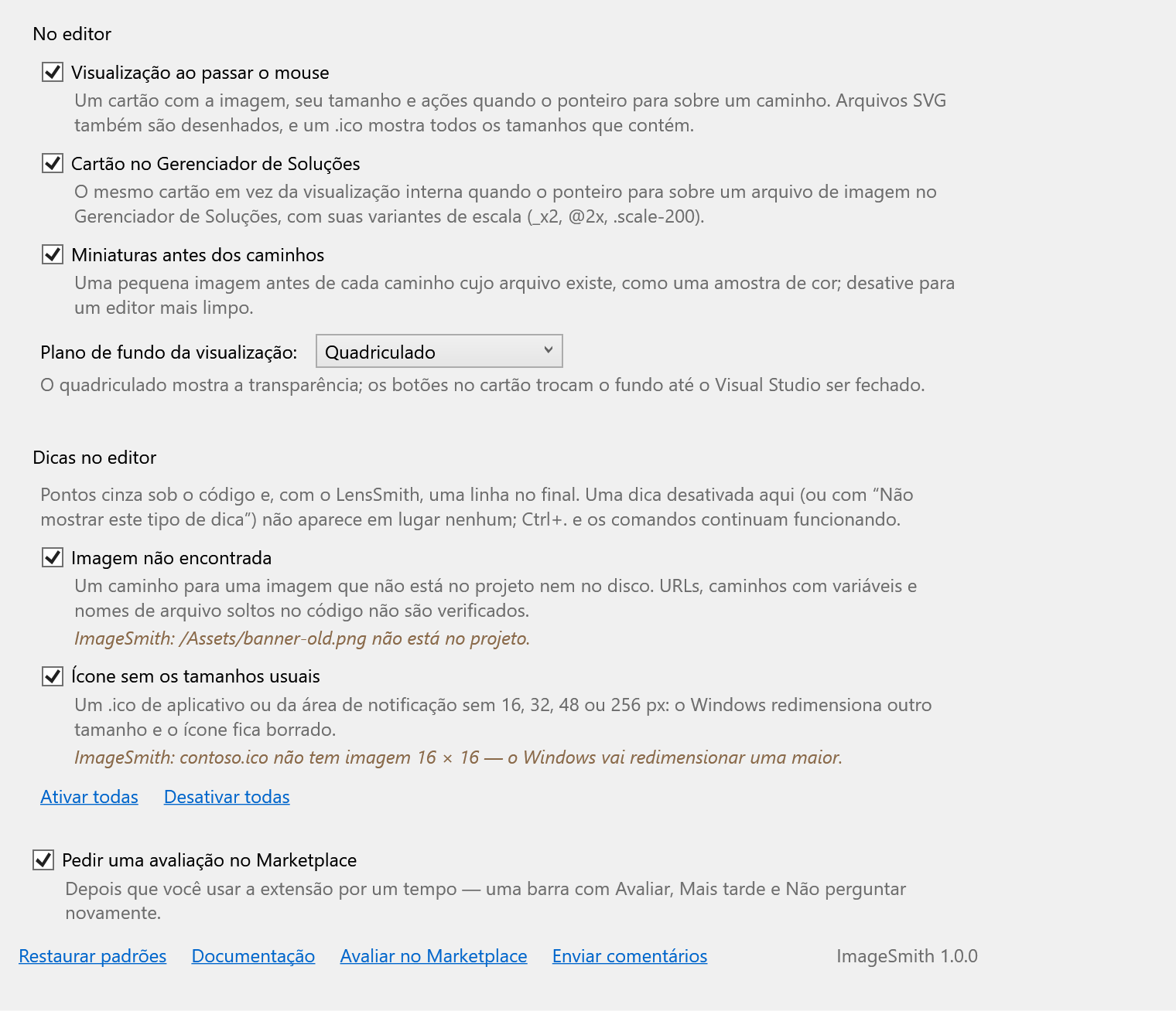 A página de opções do ImageSmith
