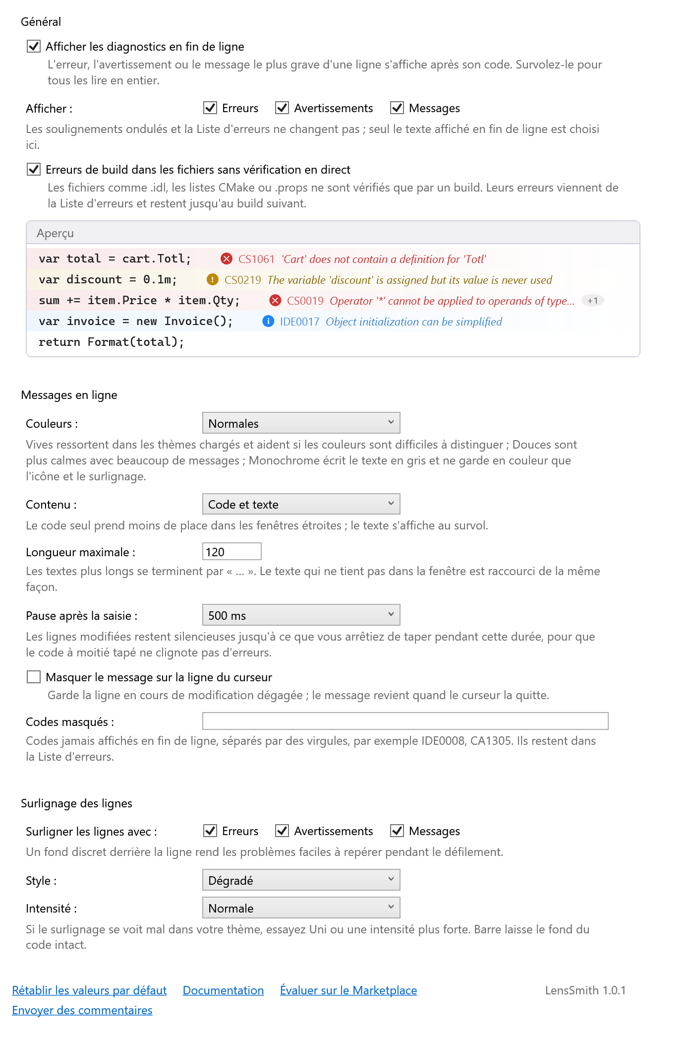 Page d’options de LensSmith