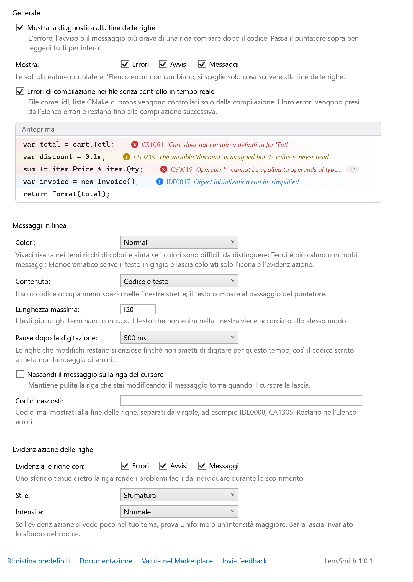 Pagina delle opzioni di LensSmith