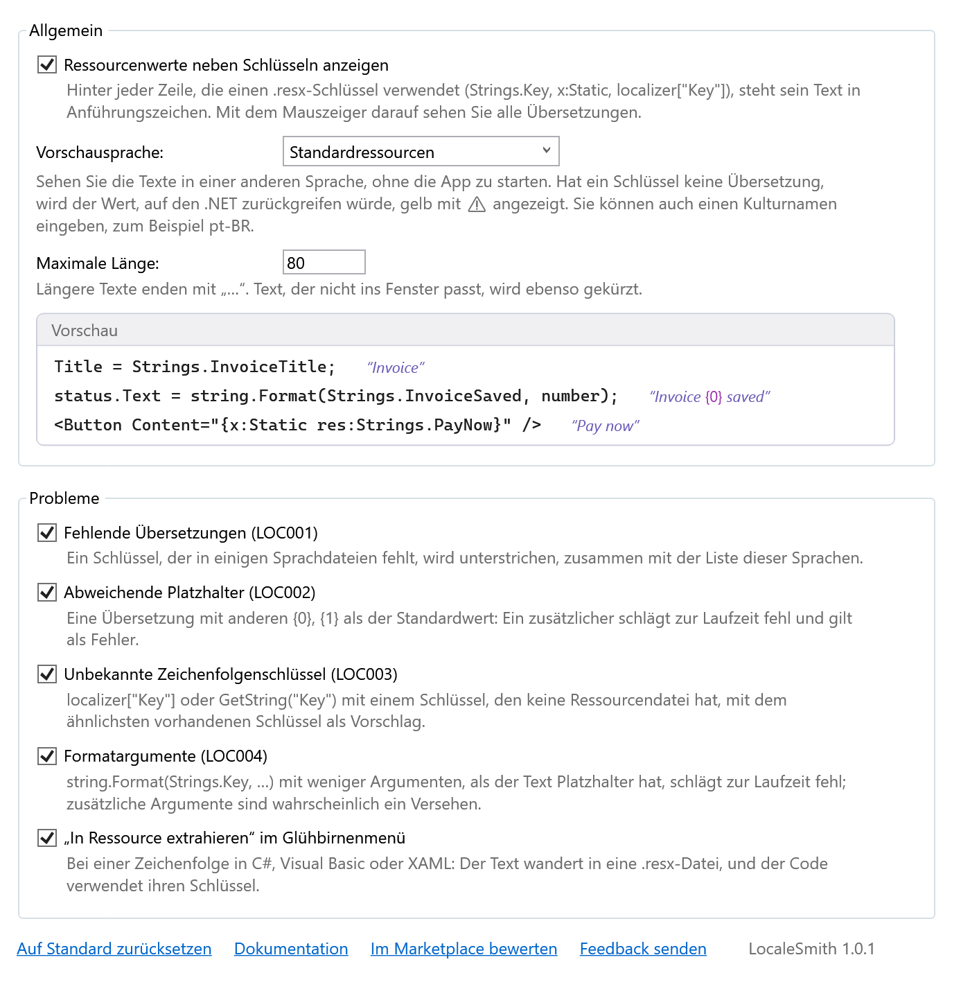 Optionsseite von LocaleSmith