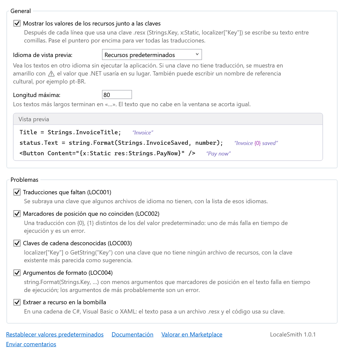 Página de opciones de LocaleSmith