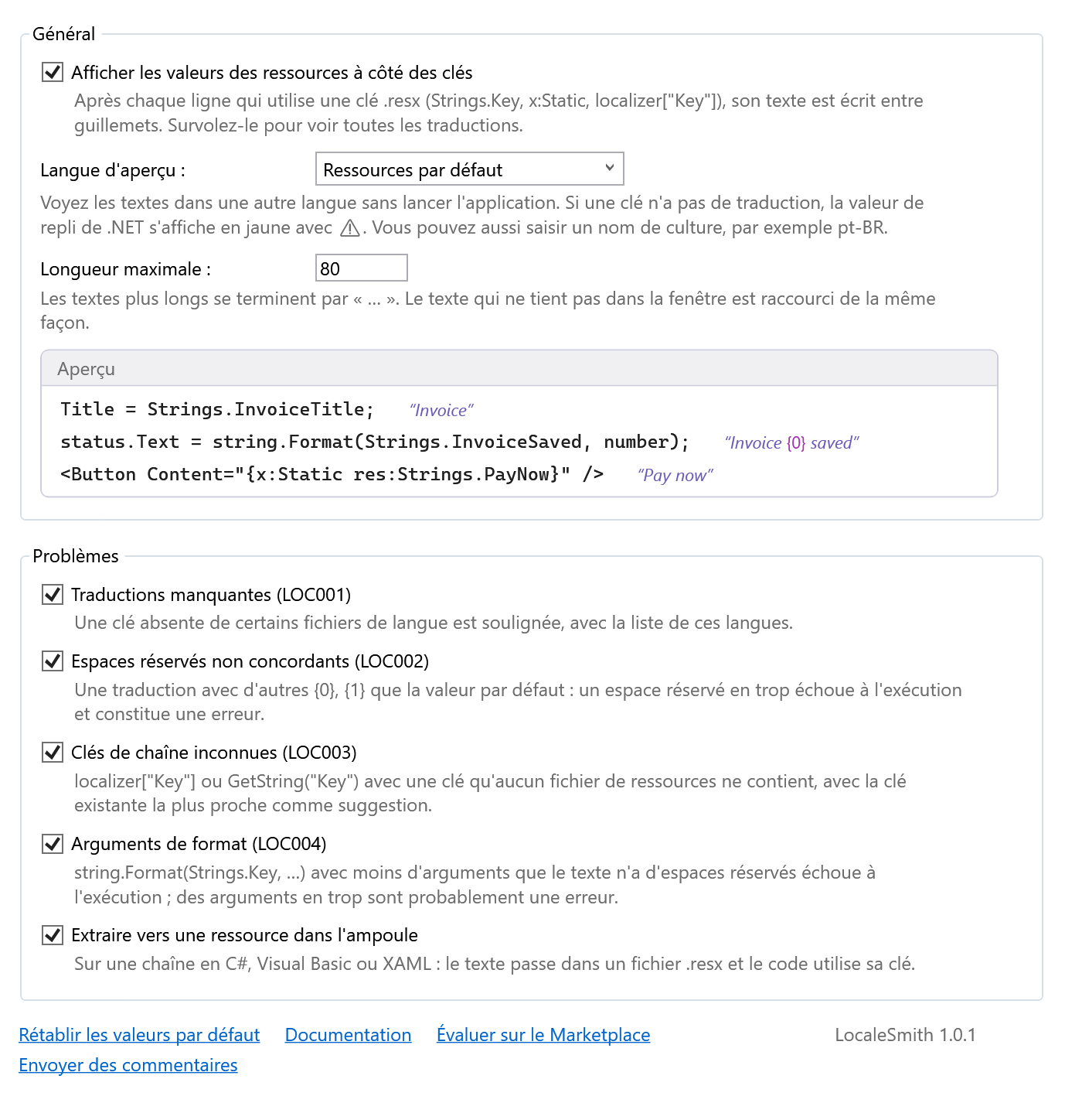 Page d’options de LocaleSmith