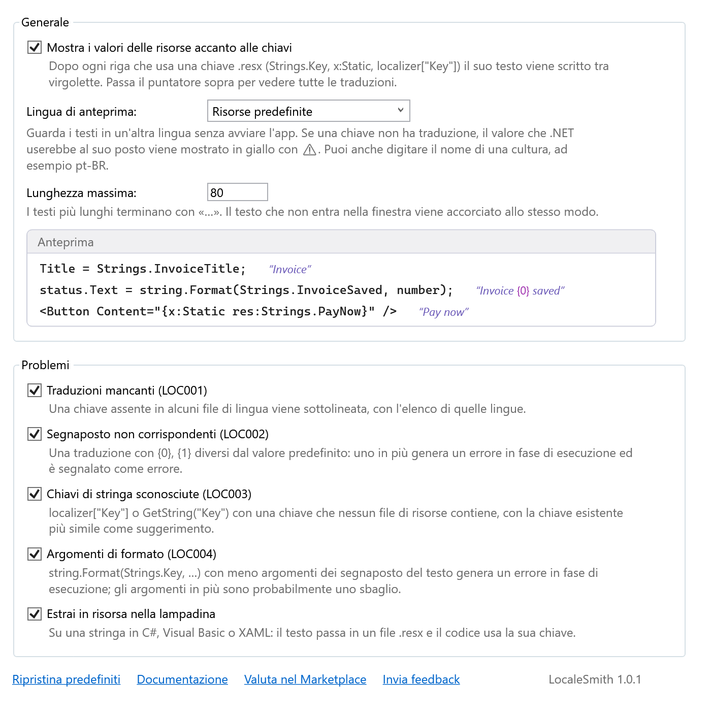 Pagina delle opzioni di LocaleSmith