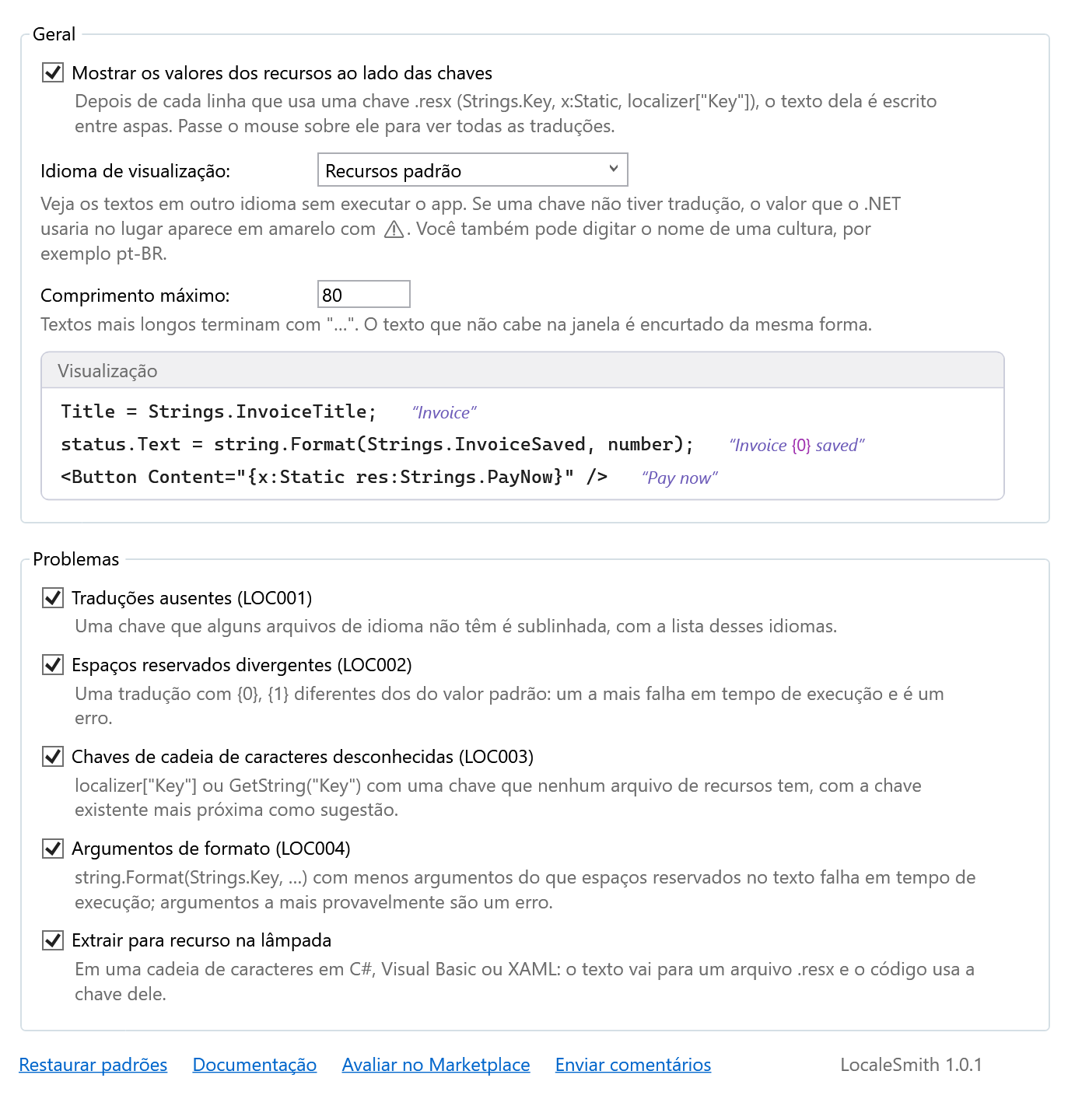 Página de opções do LocaleSmith