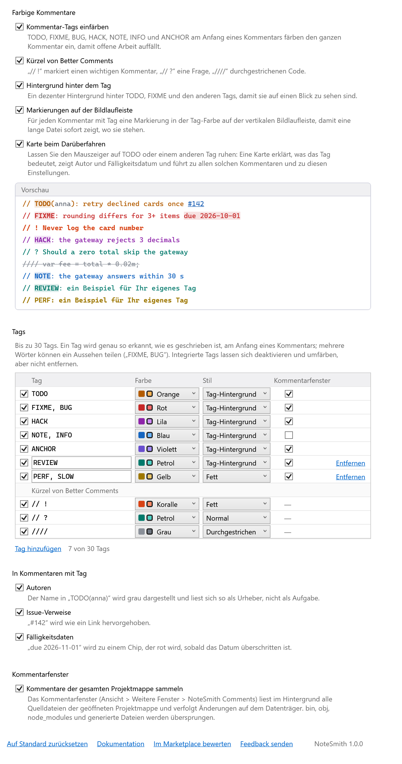 Optionsseite von NoteSmith