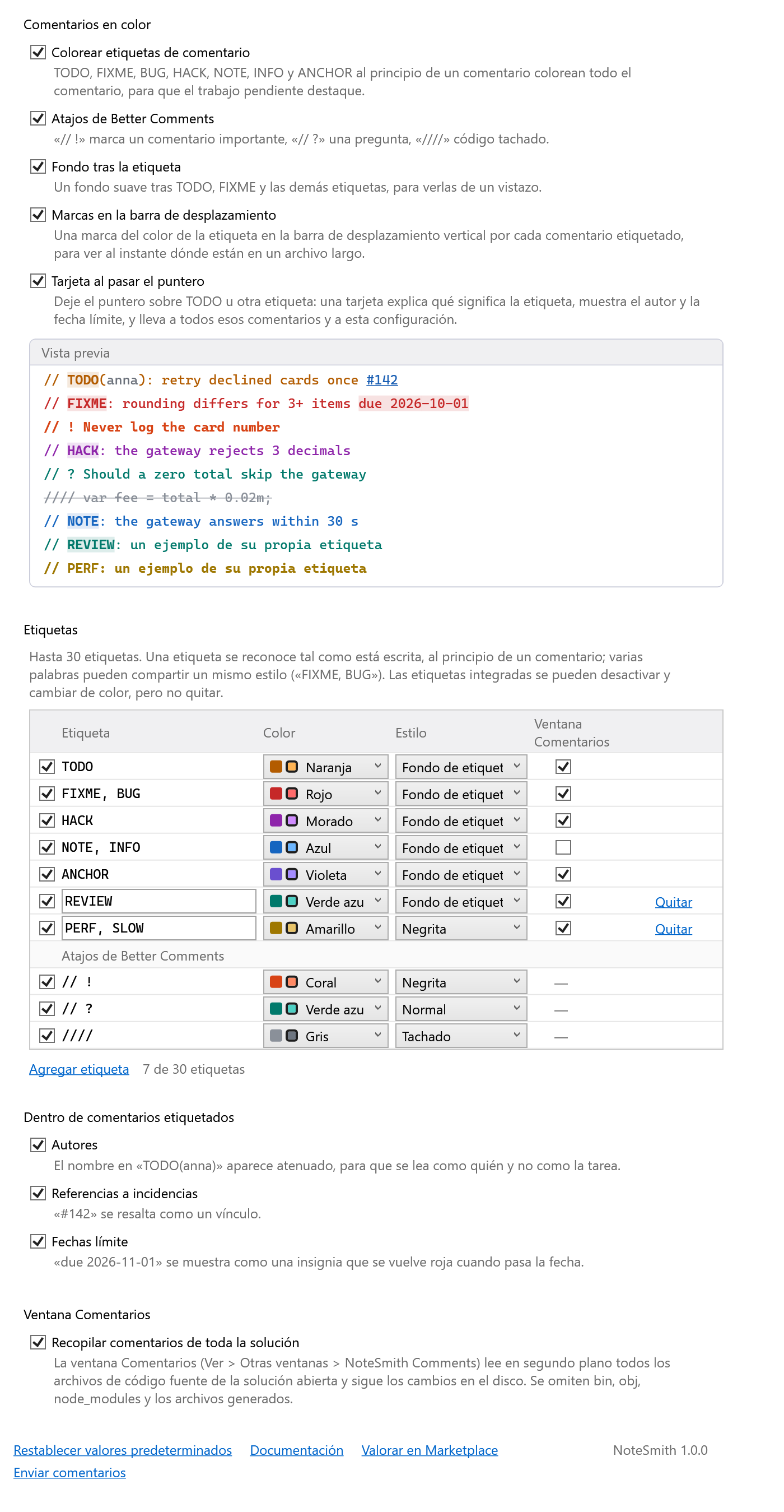 Página de opciones de NoteSmith