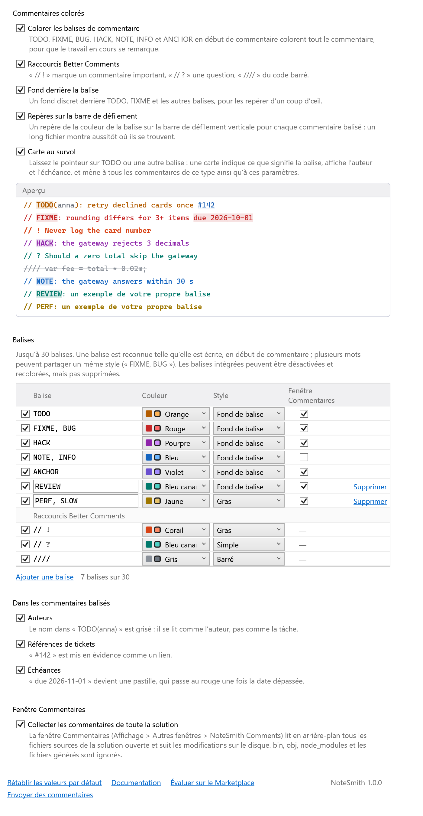Page d’options de NoteSmith