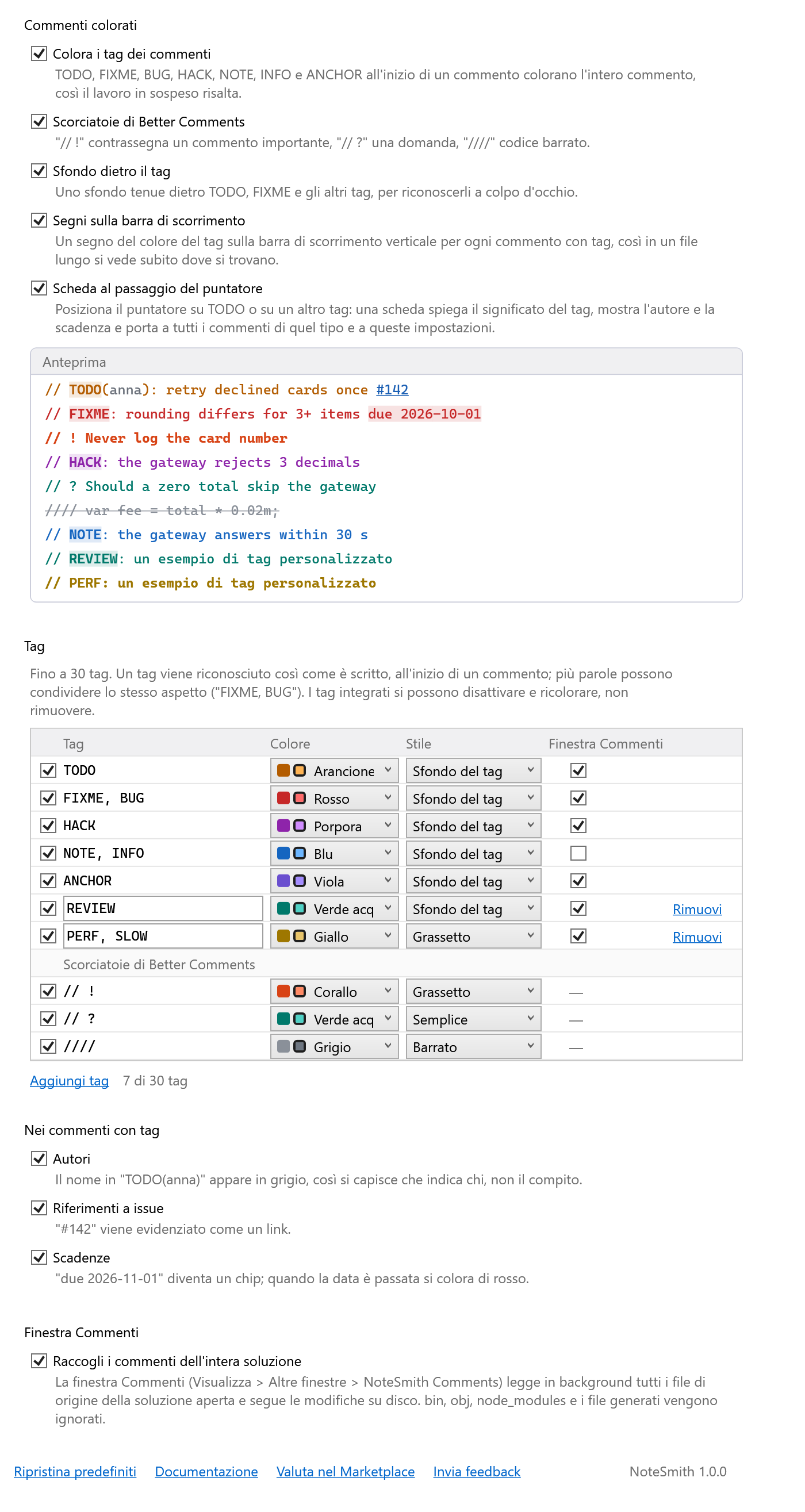 Pagina delle opzioni di NoteSmith