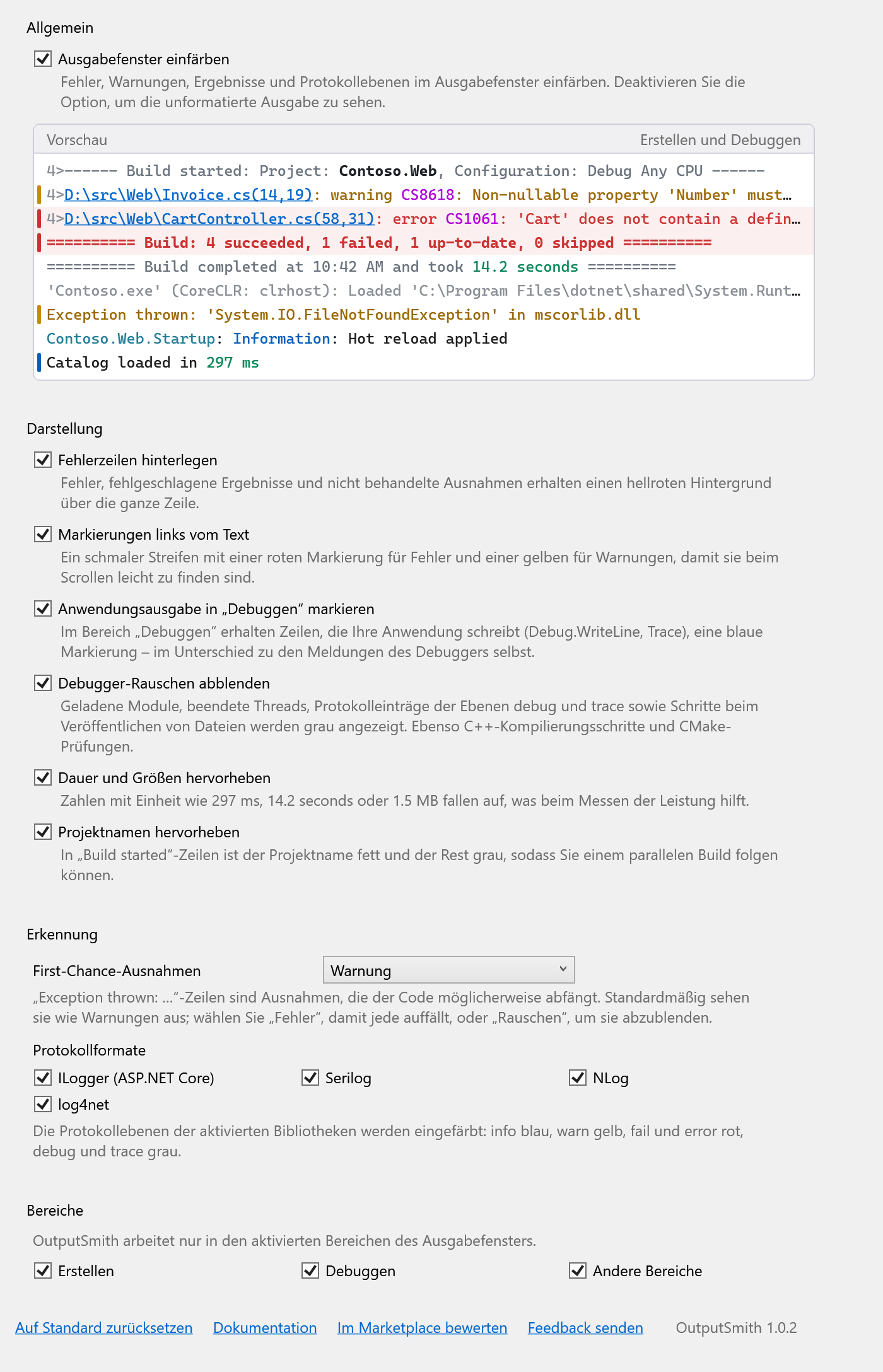 Optionsseite von OutputSmith