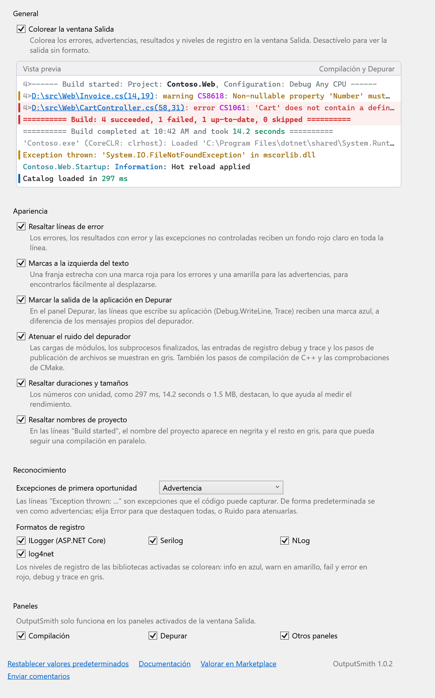 Página de opciones de OutputSmith