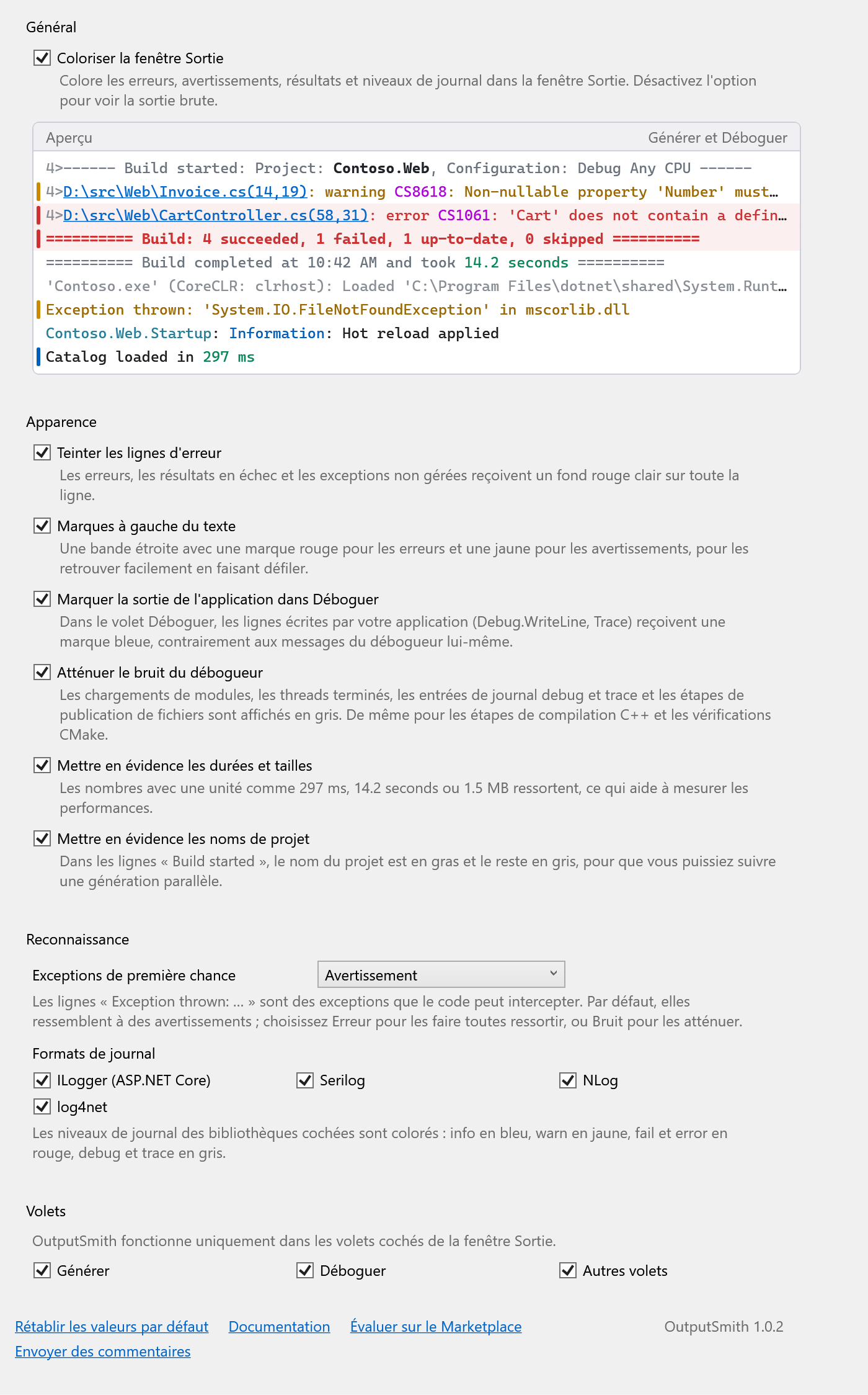 Page d’options d’OutputSmith