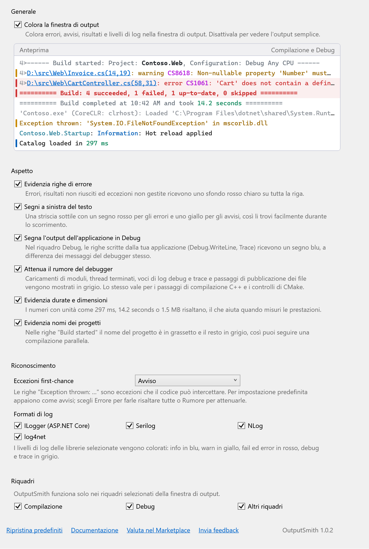 Pagina delle opzioni di OutputSmith