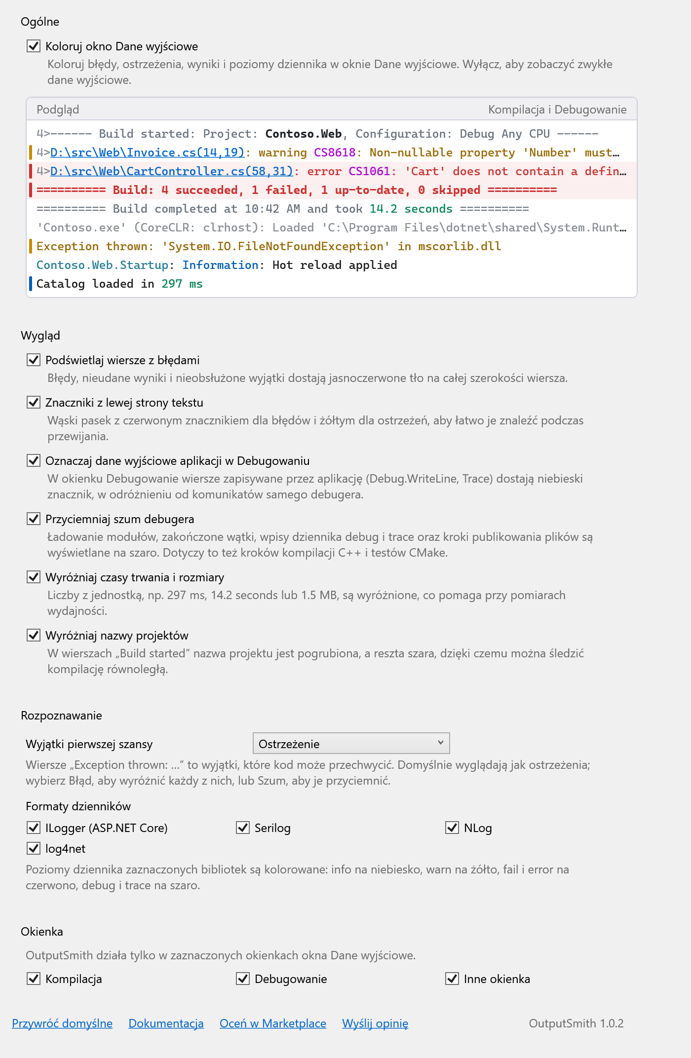 Strona opcji OutputSmith