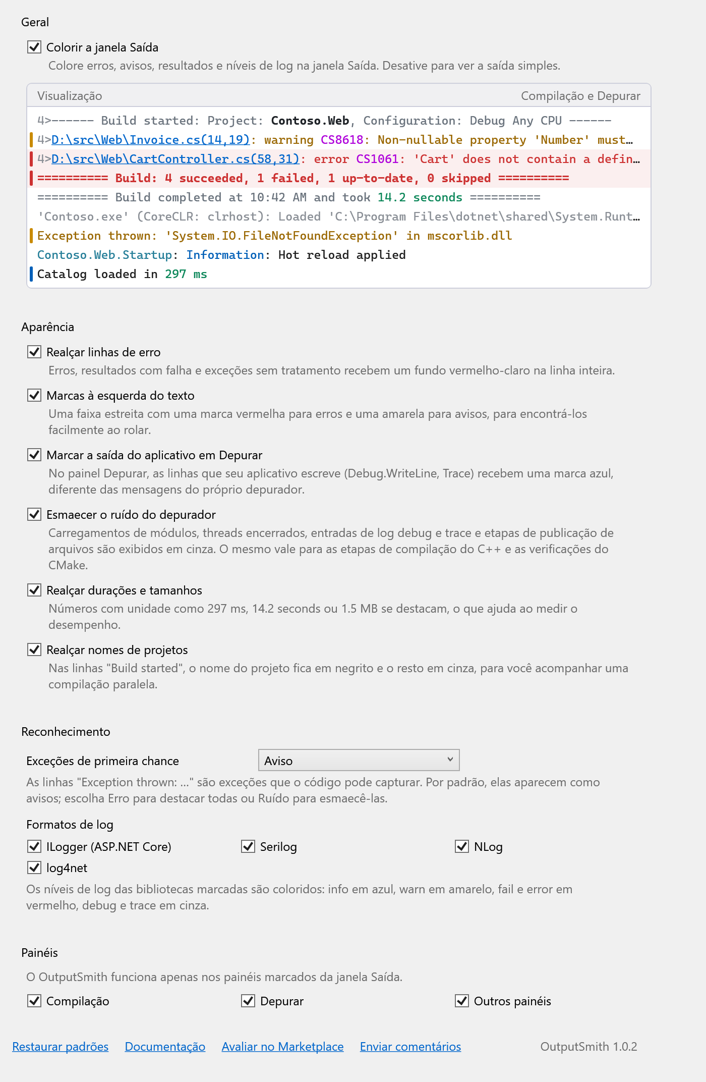Página de opções do OutputSmith