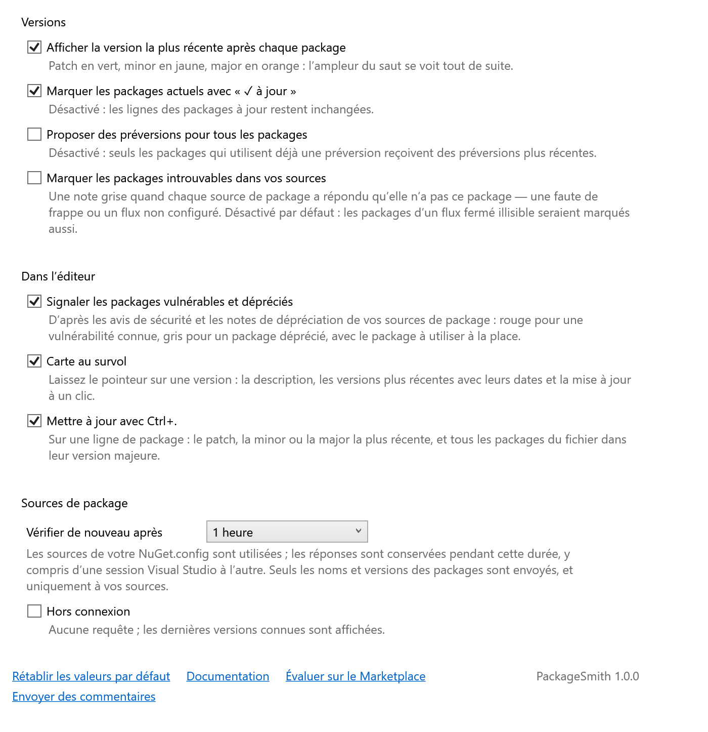 Page d’options de PackageSmith