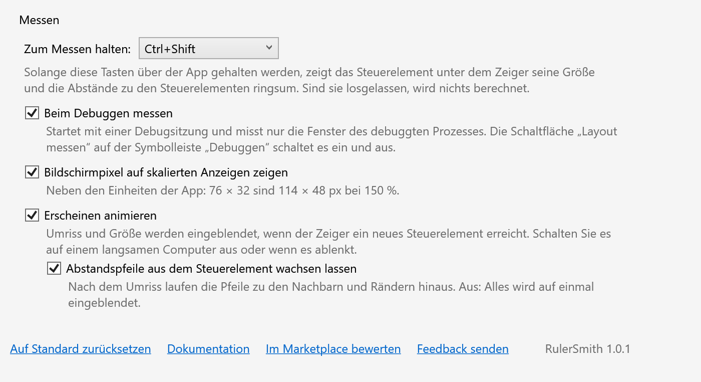 Optionsseite von RulerSmith