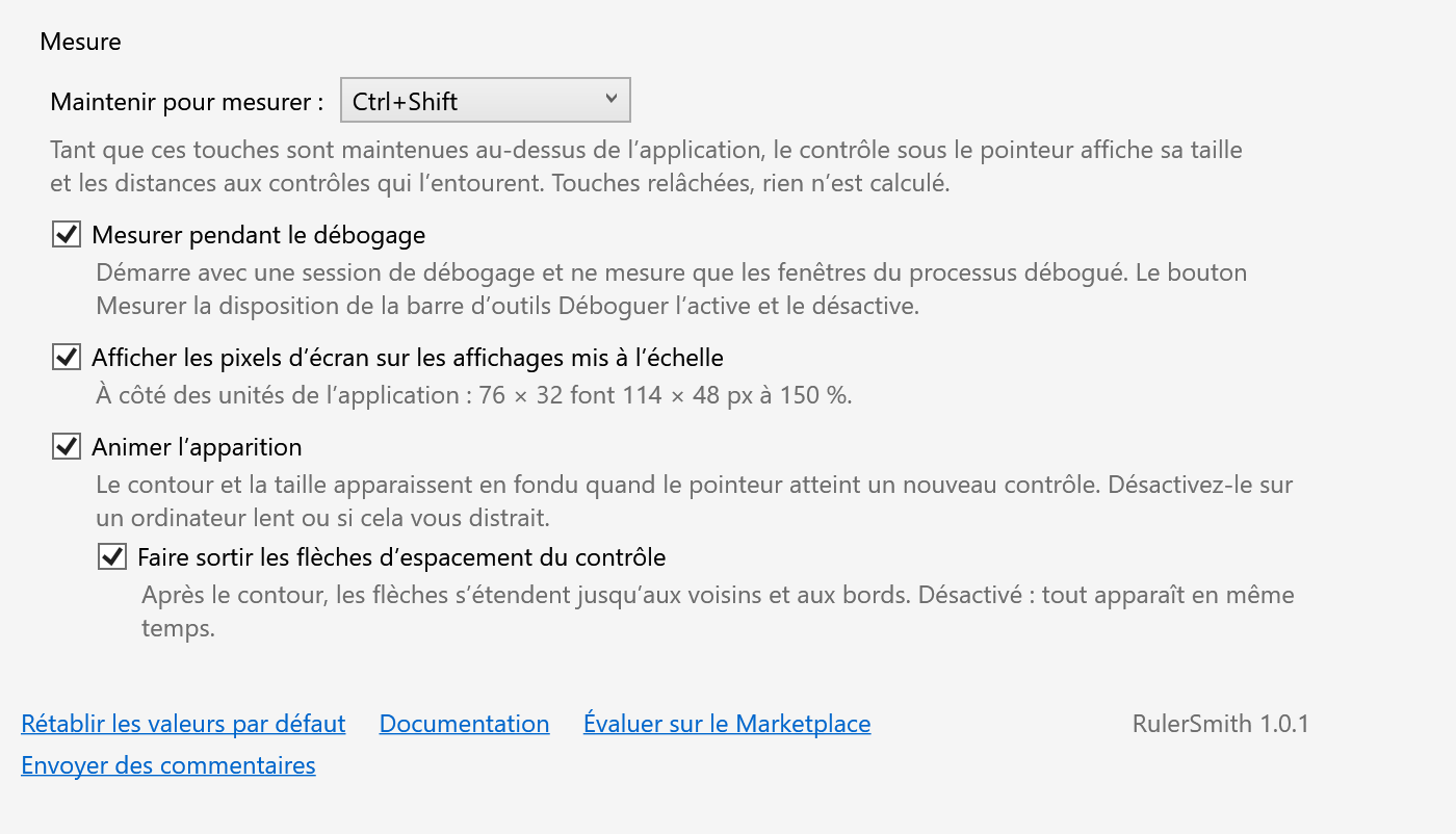 Page d’options de RulerSmith