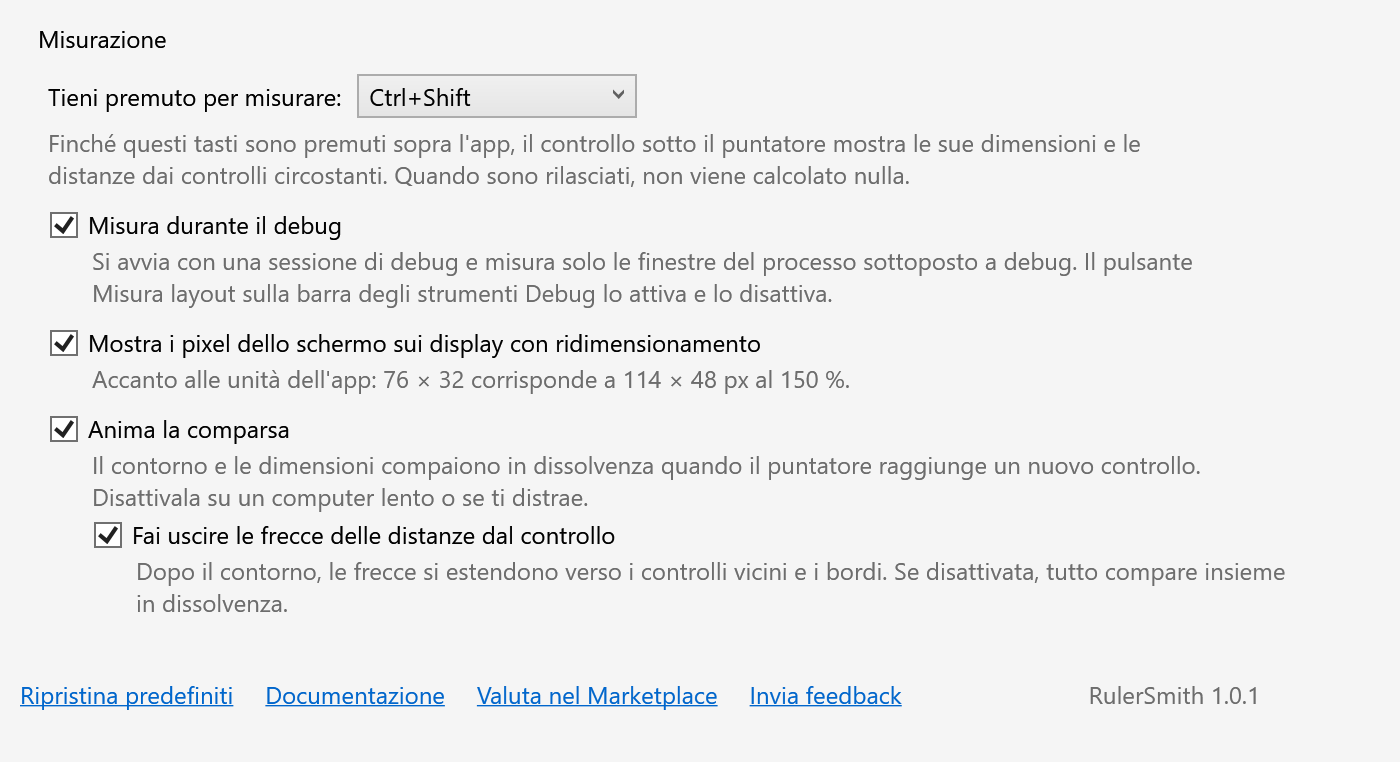 Pagina delle opzioni di RulerSmith
