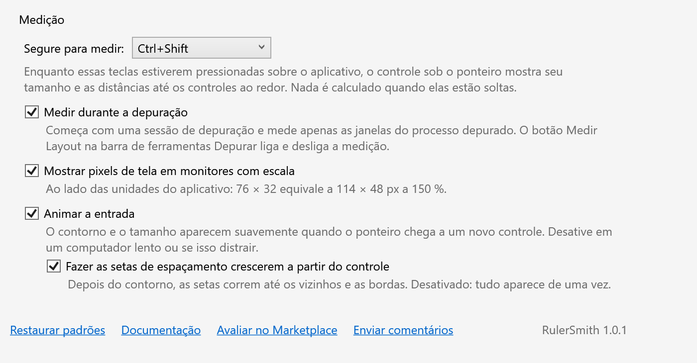 Página de opções do RulerSmith