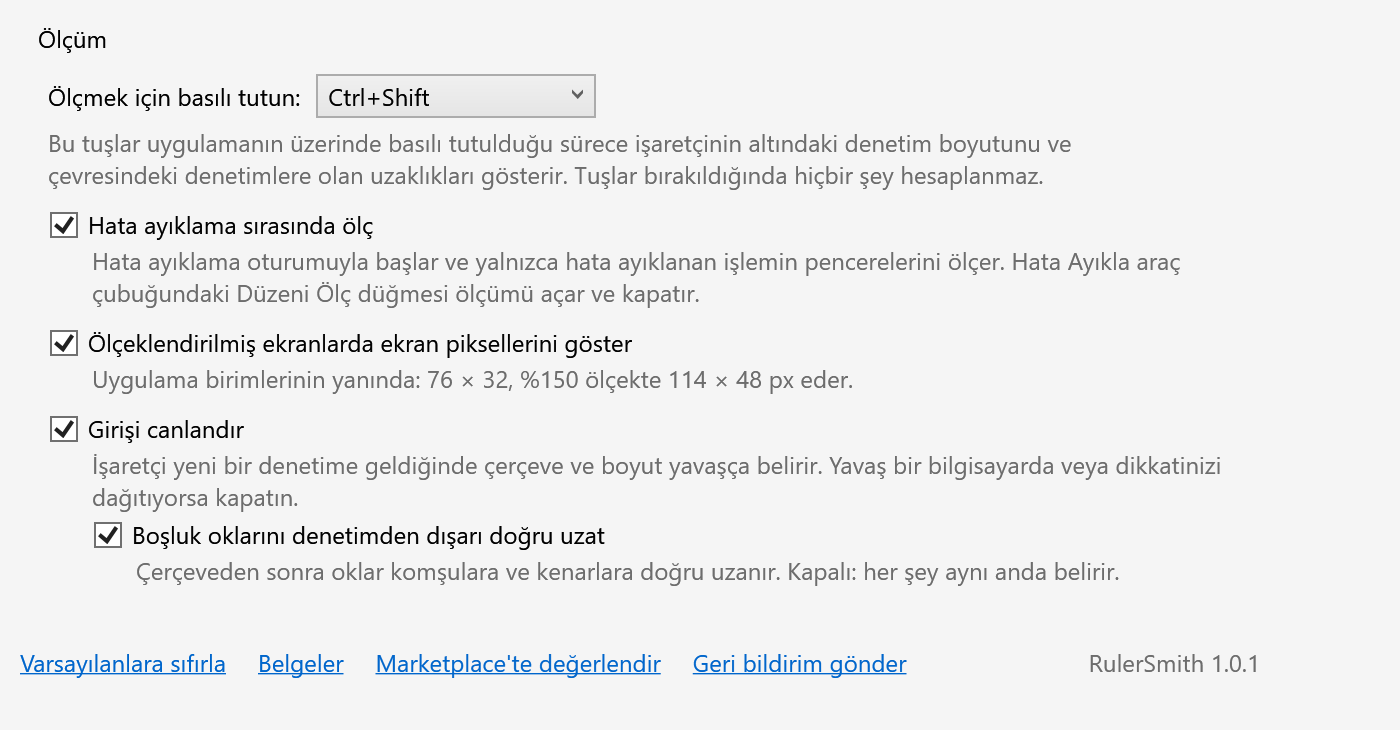RulerSmith seçenekler sayfası